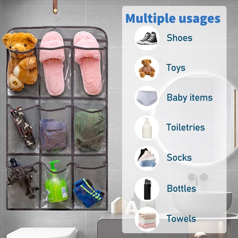 TEMUORG 2 Pcs Closet Organizer Dual Sided Hanging Shoe Storage Bag Underwear Socks Holder with 18 Pockets (CLEAR POCKETS) - Image 2